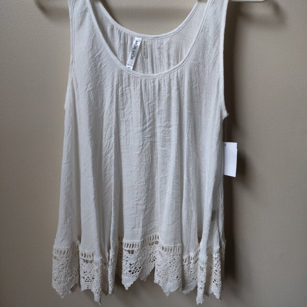 NEW MURMUR Swing Gauze Top Crochet Lace Hem White S